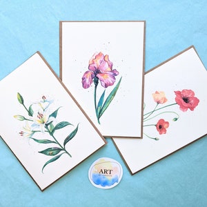 Cartão de felicitações de flores em aquarela (3 unidades) | Lírio branco, íris roxa, flores de papoula | Impressão pintada à mão (5x7 polegadas)