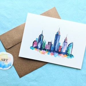Watercolor New York Cityscape Greeting Card | Manhattan Skyline | NYC | Hand Painted Print | Blank Card with Envelope (5x7 inch)