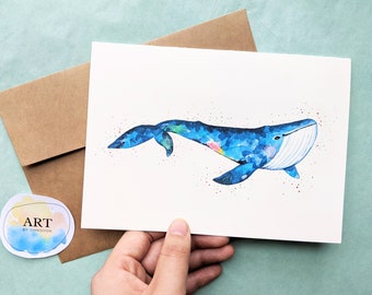 Watercolor Blue Whale Greeting Card | Hand Painted Print | Blank Card with Envelope (5x7 inch)