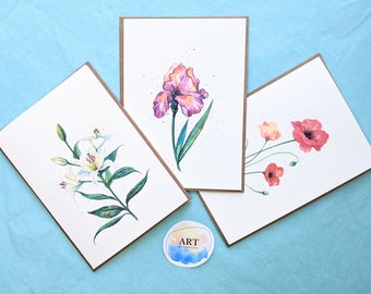 Watercolor Flowers Greeting Card (3 Pack) | White Lily, Purple Iris, Poppy Flowers | Hand Painted Print (5x7 inch)