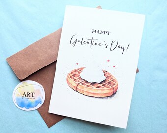 Happy Galentine's Day, Parks and Recreation, Waffles & Whipped Cream Greeting Card | Valentine's Watercolor Hand Painted Print (5x7 inch)