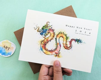 Year of the Dragon Cards, Watercolor | New Year 2024 | Lunar New Year | Chinese Zodiac (3 Pack, 5 x 7 inch)