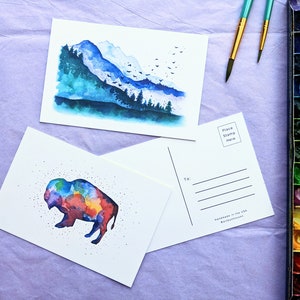 Cartões postais de montanhas, árvores, pássaros e bisões em aquarela | Impressão pintada à mão | Pacote com 10 (4,5 x 6,25 polegadas)