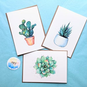 Tarjeta de felicitación de suculentas de acuarela (paquete de 3) / Cactus, Planta de cebra, Echeveria Colorata / Impresión pintada a mano (5x7 pulgadas)