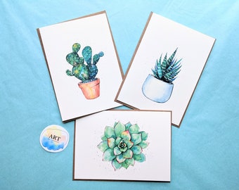 Watercolor Succulents Greeting Card (3 Pack) | Cactus, Zebra Plant, Echeveria Colorata | Hand Painted Print (5x7 inch)