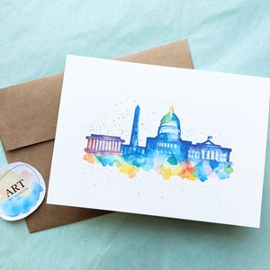 Arquitectura da cidade do Washington DC da aguarela Cartão Comemorativo | Horizonte | Impressão pintada à mão | Cartão em branco com envelope (5x7 polegadas)
