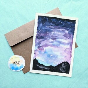 de remerciements | Aquarelle ciel étoilé, montagnes et étoiles | Ciel nocturne | Impression peinte à la main | Carte vierge avec enveloppe (5 x 7 pouces)