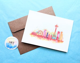 Watercolor Seattle Cityscape Greeting Card | Downtown Skyline | The Emerald City | Hand Painted Print | Blank Card with Envelope (5x7 inch)