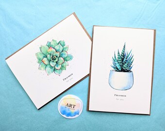 I'm a Succa for You, Cute Succulent Pun, Watercolor Succulents (2 set), Zebra Plant, Echeveria Colorata, Hand Painted Print (5x7 inch)