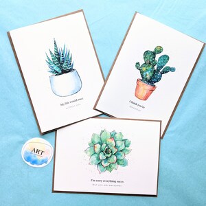 Mijn leven zou slagen zonder jou aquarel succulente kaarten, liefdeskaarten, set van 3, handgeschilderde print (5x7 inch)