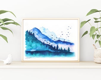 Watercolor Mountains Art Print, Nature Scenery Wall Art, Montana, Birds, Hand Painted Print (8.5x11 inch)