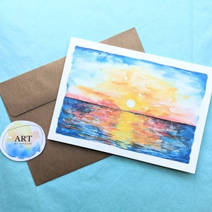 de voeux de coucher de soleil d'océan d'aquarelle | Chaleureux, coloré, coucher de soleil sur la plage | Impression peinte à la main | Carte vierge avec enveloppe (5 x 7 pouces)
