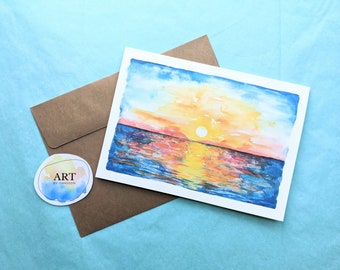 Watercolor Ocean Sunset Greeting Card | Warm, Colorful, Beach Sunset | Hand Painted Print | Blank Card with Envelope (5x7 inch)