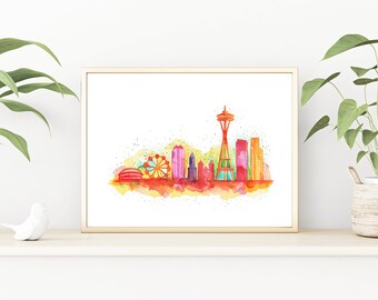 Seattle Cityscape Art Print, Wall Art, Skyline, Emerald City, Space Needle, Hand Painted Print (8x10 or 8.5x11 inches)