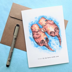 Lontre d'amore, Lontra innamorata di te e tu sei la mia metà lontra, San Valentino, Giochi di parole sulla lontra, Carte vuote, Stampa dipinta a mano (5x7 pollici)