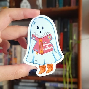 fantasma con una pegatina de libro - elemento de sorpresa lector de ratón de biblioteca pegatina de libro lindo fantasma leyendo una pegatina de libro vinilo impermeable de alta calidad
