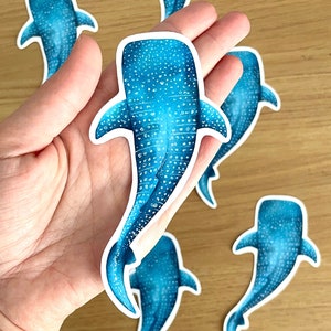 Pegatina de vinilo brillante de tiburón ballena - Pegatina de vida marina hecha a mano con acuarela - Pegatina de tiburón ballena - Pegatina decorativa para cuaderno de bocetos de portátil resistente al agua