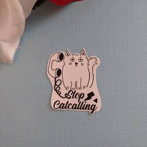 May include: A white sticker featuring a grumpy cat with a telephone receiver, with the text "Stop Catcalling". The cat is drawn in a cartoon style with black outlines. The sticker is on a light blue background.
