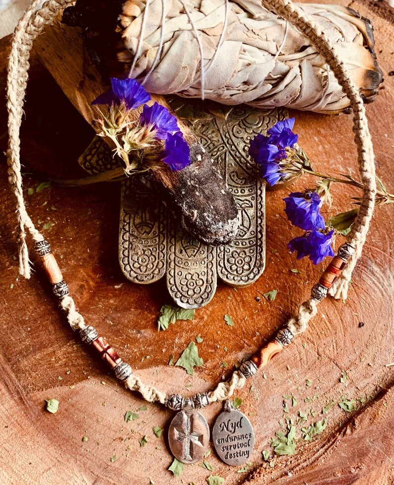 Handmade Hemp Necklace Rune Charm Wood /& Silver Plated Bead Necklace Unique Hemp Jewelry Gift