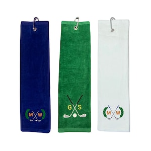 Golfhandtuch mit Motiv & Monogramm – bestickt, 40×50 cm, personalisiert, Baumwolle mit Karabiner, Geschenk für Golfer und Golferinnen