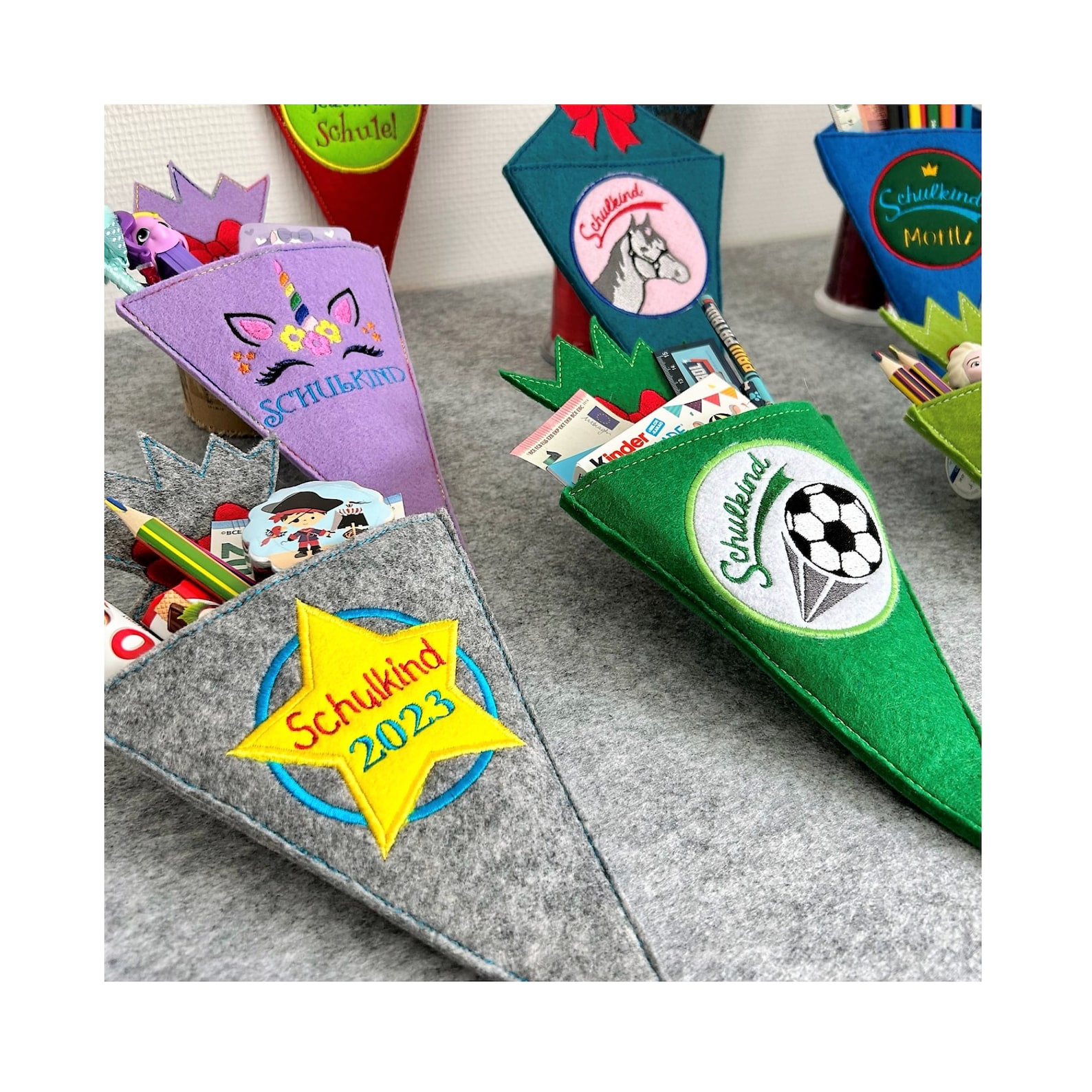 Felt school cones to fill, embroidered, various designs, enrolment, first day at school, school child, school cone