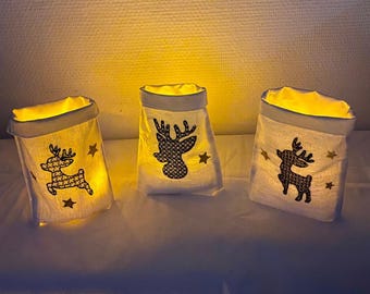 Light bags with reindeer/deer/stag design made of cotton-linen fabric – with embroidered motif, available individually or as a set – LED lighting for winter and Christmas decorations