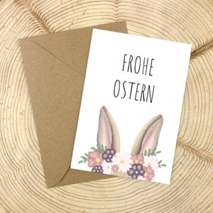 Frohe Ostern Postkarte A6, Blumendesign, Blumenkranz, Osterhase