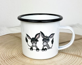 Emaille Tasse/Becher mit Esel, Eselpärchen, Freunde, Kleinträumer