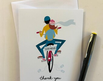 Single "Bicycle Built for Two" Wedding Thank You Card with Envelope