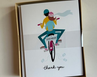 Set of 10 "Bicycle Built for Two" Wedding Thank You Cards with Envelopes