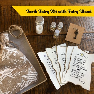 May include: A tooth fairy kit with a small burlap bag, a fairy wand, and several handwritten notes. The kit also includes a small key charm and a bottle of glitter.