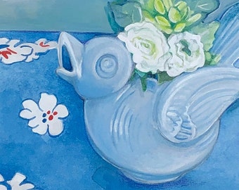 Framed Original Gouache Painting, "Bluebird of Happiness" (Grandmother's Tablecloth Series) | Wall Art | Gift