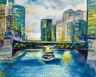 Framed Original Gouache Painting, "Chicago River"  |  Wall Art  | Chicago Gift