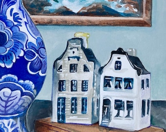 Framed Original Gouache Painting, "Delft Vase Still Life" | Wall Art | Gift