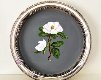 Handpainted Magnolia Silver Gallery Tray