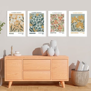 Set of 4, Flower Market Print, Botanical Wall Art, Floral Drawing Posters, Custom Wall Art Set, US Cities, Digital Download Prints