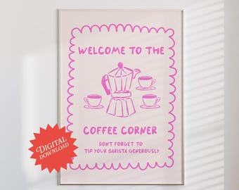 コーヒーコーナーのポスター |デジタル ダウンロード、コーヒー ポスター、コーヒー カートの装飾、コーヒー ポスター アート、キッチン コーヒー バーの看板、コーヒー ステーション アート