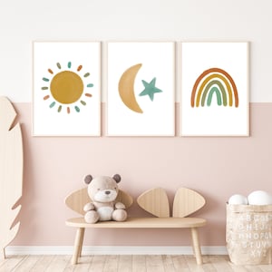 Boho Nursery Print Set of 3, Sun Rainbow Moon Baby Room Posters, Kids Room Wall Art Decor, Abstract Art Prints, Watercolor Art, Printable