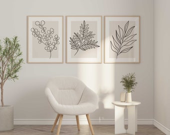 Neutral Wall Art Posters, Botanical Line Art, Set of 3 Beige Flower ...
