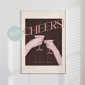 Cheers! Poster | Digital Download Poster, Trendy Bar Cart Poster, Pink Cheers Wall Art, Vintage Martini Wall Art, Bar Cart Cocktail Poster