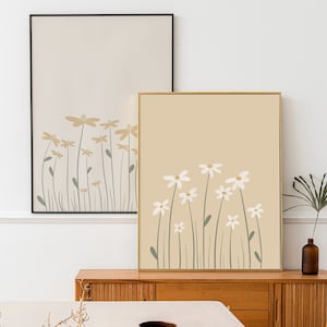 Set of 2 Dainty Flower Prints, Neutral Wall Art, Yellow Flowers, Cream Beige Print, Daisy Print, Boho Printable Art, Floral Illustration