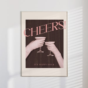 Prost! Drucken | Matte vertikale Poster, trendiger Barwagen-Druck, Retro-Barwagen-Dekor, rosa Cocktail-Poster, Küchen-Wanddekoration, Martini-Kunst