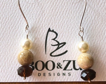 Fossilized Coral, Swarovski Crystal and Pearl Earrings