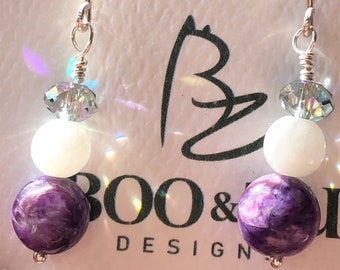 Charoite, Rainbow Moonstone and Swarovski Crystal Earrings