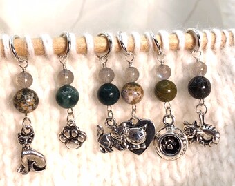 Cat, Ocean Jasper and Labradorite Stitch Markers - set of 6