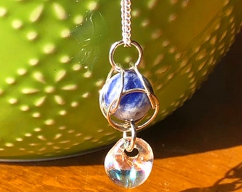 Captured Sodalite, sterling silver and lampwork glass necklace