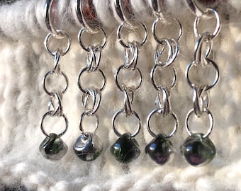 Green Glass and Sterling Silver Stitch Markers - Set of 5