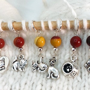 Cat, Mookaite and Sterling Silver Stitch Markers - Set of 6