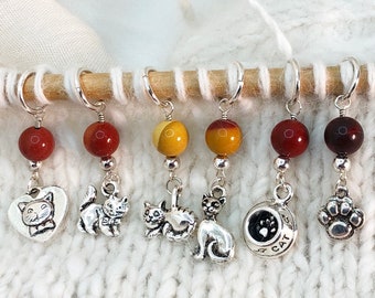 Cat, Mookaite and Sterling Silver Stitch Markers - Set of 6