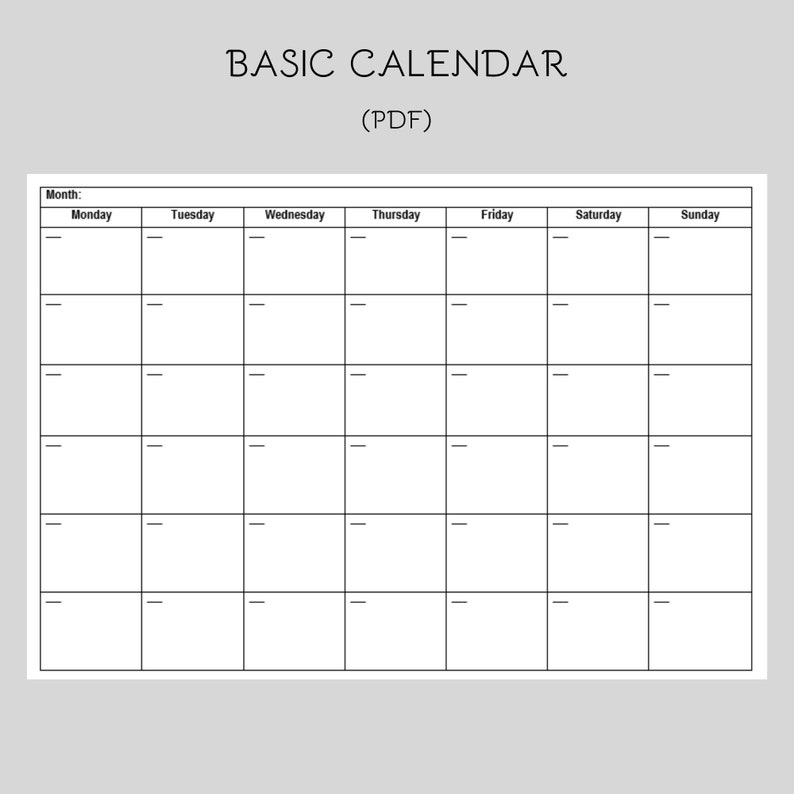 Basic Calendar Printable Basic Calendar Downloadable Etsy